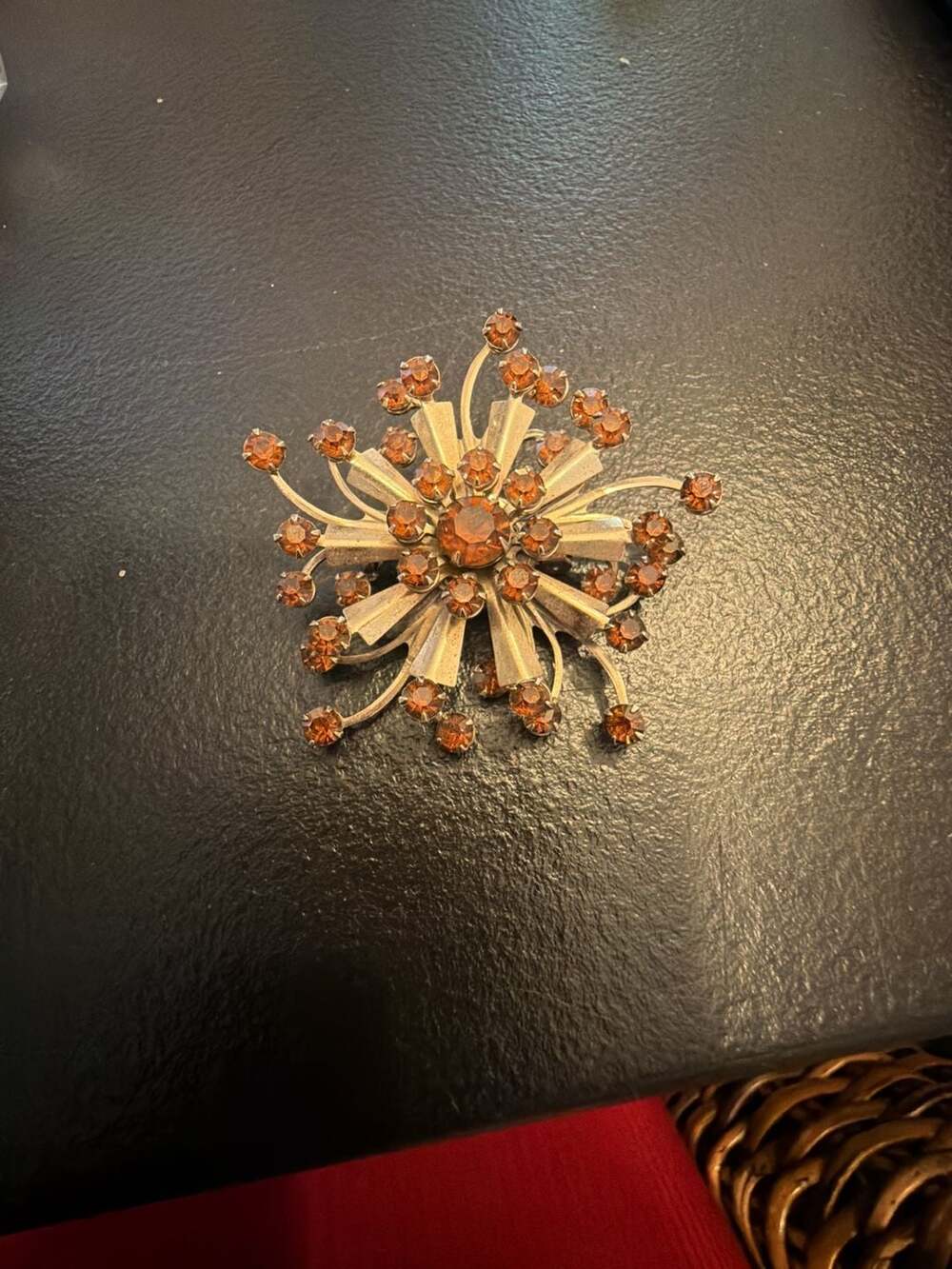 Vintage Starburst Sunburst Brooch with Amber Citrine Rhinestones
